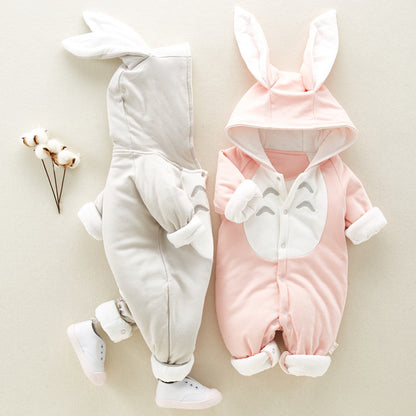 The new cotton padded  baby romper thickened chinchilla hooded cotton baby Onesies newborn go climbing clothes