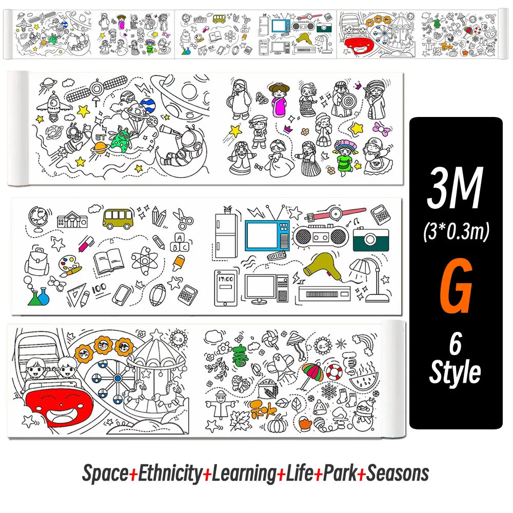 0.9/3M Space Food Animal Canvas Children's Drawing Roll DIY Coloring Paper Roll Color Filling Graffiti Paper-cut Painting School